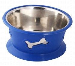 Large Blue & Silver Steel 900ml Dog Bowl with Rubber Bottom