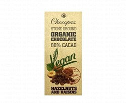 Chocopaz Stone Ground Organic Chocolate with Hazelnuts and Raisins - vegan, 80% cacao
