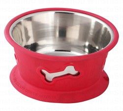 Large Red &amp; Silver Steel 900ml Dog Bowl with Rubber Bottom