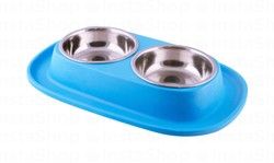 Georplast Small Blue Plastic &amp; Stainless Steel 2x200ml Dual Pet Bowl